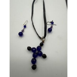 Handmade‎ Beaded Cross Necklace and Earrings Set Blue Black Leather Cord Gothic